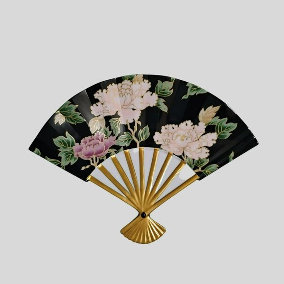 Fitz & Floyd Cloisonne Peony Black Porcelain Plate Fan Shaped Japan Ceramic Gold - Picture 8 of 9